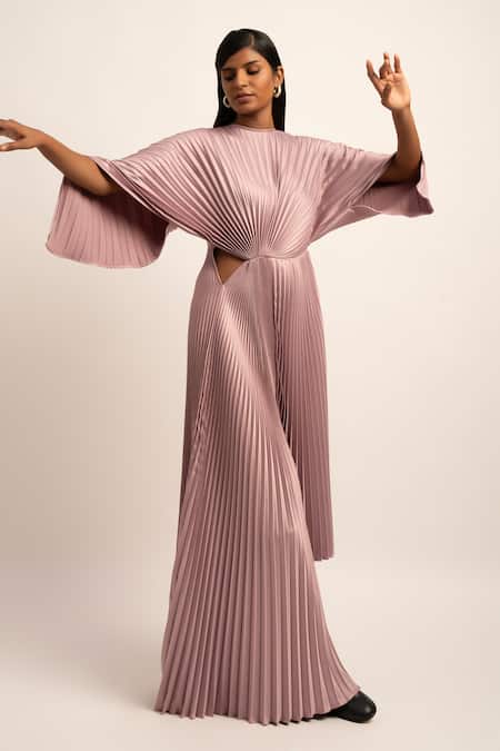 Shop_Siddhant Agrawal_Pink Satin, Crepe Round Neck Sculpted Harmony Pleated Dress _Online_at_Aza_Fashions