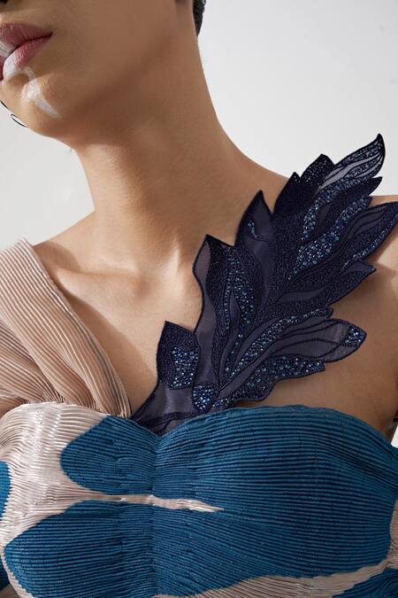 Siddhant Agrawal_Beige Tulle, Polyester, Organza Dream Flutter Pleated Embroidered Bustier _at_Aza_Fashions