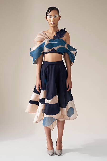 Buy_Siddhant Agrawal_Blue Tulle, Organza Embroidery Winged Symphony Patchwork Skirt _Online_at_Aza_Fashions