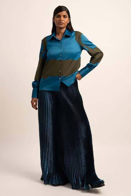 Siddhant Agrawal_Blue Viscose, Satin Embroidery Collared Serene Chaos Patchwork Shirt _Online_at_Aza_Fashions