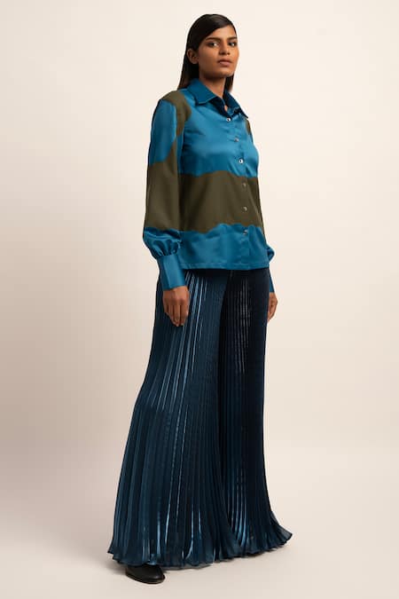 Shop_Siddhant Agrawal_Blue Viscose, Satin Embroidery Collared Serene Chaos Patchwork Shirt _Online_at_Aza_Fashions