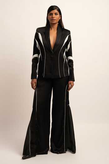 Shop_Siddhant Agrawal_Black Viscose, Modal Beads Morphic Mirage Embroidered Blazer _Online_at_Aza_Fashions