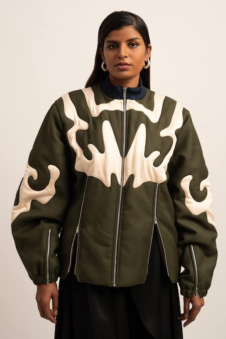 Siddhant Agrawal Green Tr Suiting Embroidery Patchwork Band Collar Nebula Bomber Jacket 