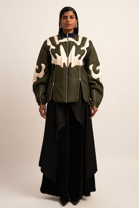 Siddhant Agrawal_Green Polyester Patchwork Bandeau Neck Nebula Embroidered Bomber Jacket _Online_at_Aza_Fashions