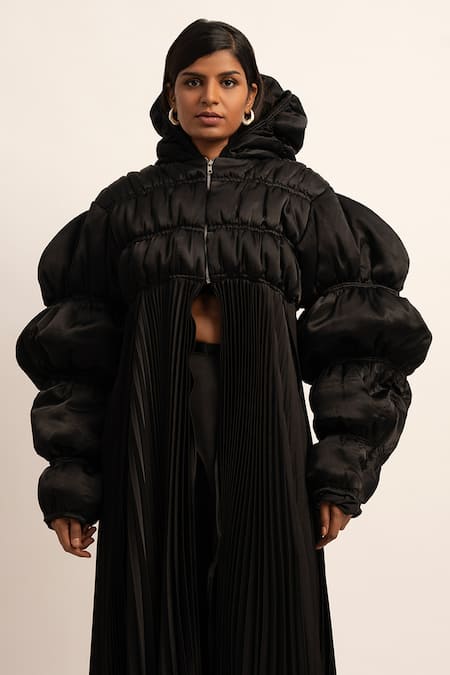 Siddhant Agrawal_Black Satin, Polyester High Neck Vortex Of Chaos Puffer Jacket _Online_at_Aza_Fashions