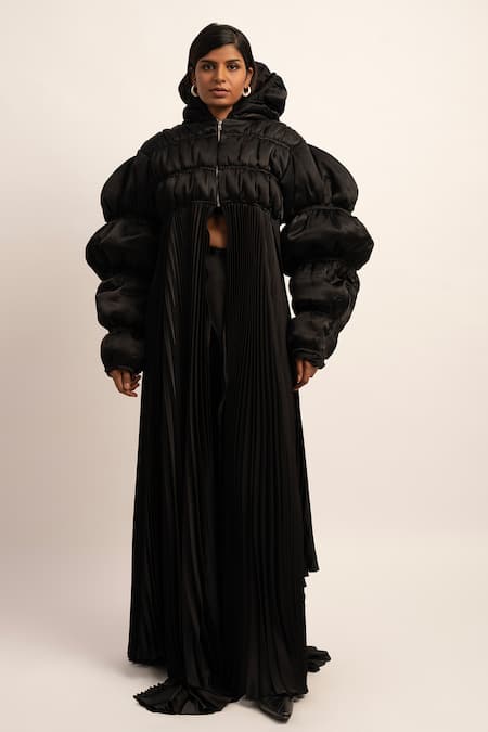 Buy_Siddhant Agrawal_Black Satin, Polyester High Neck Vortex Of Chaos Puffer Jacket _Online_at_Aza_Fashions