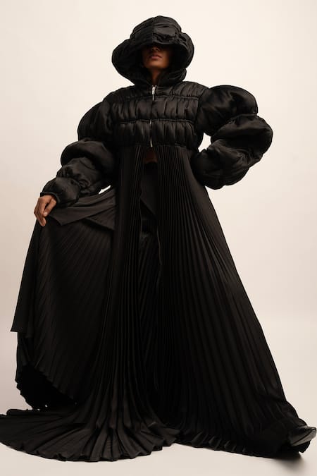 Shop_Siddhant Agrawal_Black Satin, Polyester High Neck Vortex Of Chaos Puffer Jacket _Online_at_Aza_Fashions