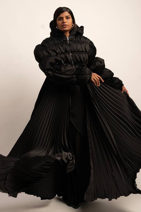 Siddhant Agrawal_Black Satin, Polyester High Neck Vortex Of Chaos Puffer Jacket _at_Aza_Fashions
