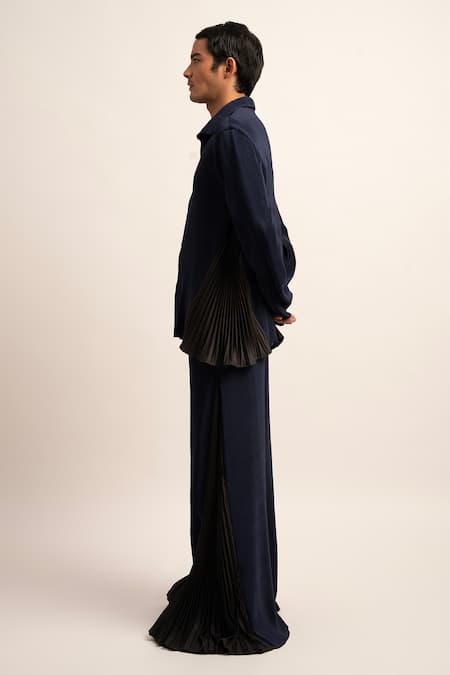 Buy_Siddhant Agrawal_Blue Satin The Synthwave Ribbed Shirt With Trouser _Online_at_Aza_Fashions