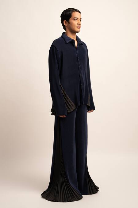 Buy_Siddhant Agrawal_Blue Satin The Synthwave Ribbed Shirt _Online_at_Aza_Fashions
