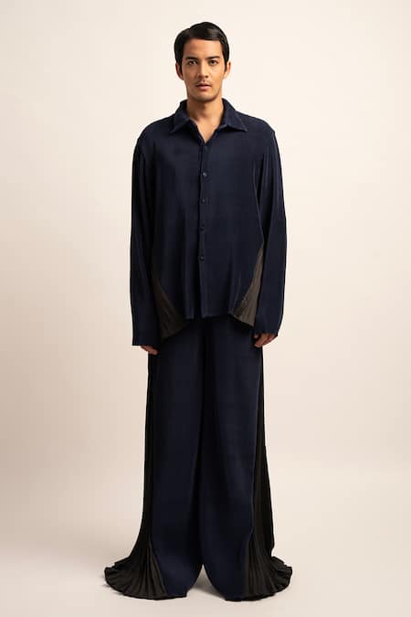 Siddhant Agrawal_Blue Satin The Synthwave Ribbed Trouser _Online_at_Aza_Fashions
