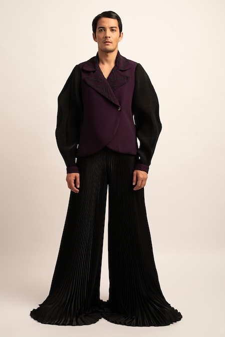 Siddhant Agrawal Black Japanese Satin Pleated The Vanguard Accordion Flared Trouser  