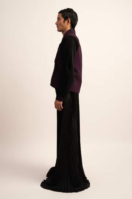 Buy_Siddhant Agrawal_Black Satin The Vanguard Accordion Pleated Flared Trouser _Online_at_Aza_Fashions