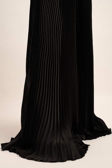Shop_Siddhant Agrawal_Black Satin The Vanguard Accordion Pleated Flared Trouser _Online_at_Aza_Fashions