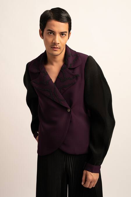 Shop Siddhant Agrawal Purple The Flux Fusion Lapel Collar Embellished Blazer With Pleated Trouser Online at Aza Fashions Shop_Siddhant Agrawal_Purple The Flux Fusion Lapel Collar Embellished Blazer With Pleated Trouser _Online_at_Aza_Fashions