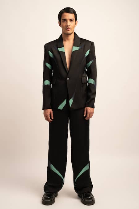 Siddhant Agrawal_Black Satin, Polyester Beads The Astral Celeste Fusion Blazer With Trouser _Online_at_Aza_Fashions