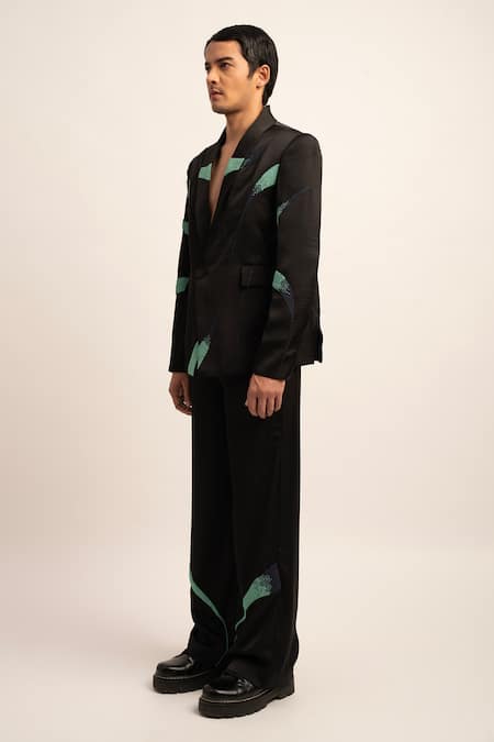 Shop_Siddhant Agrawal_Black Satin, Polyester Beads The Astral Celeste Fusion Blazer With Trouser _Online_at_Aza_Fashions