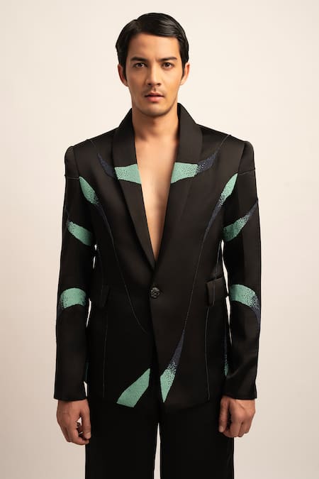 Siddhant Agrawal_Black Satin, Polyester Beads The Astral Celeste Fusion Blazer With Trouser _at_Aza_Fashions