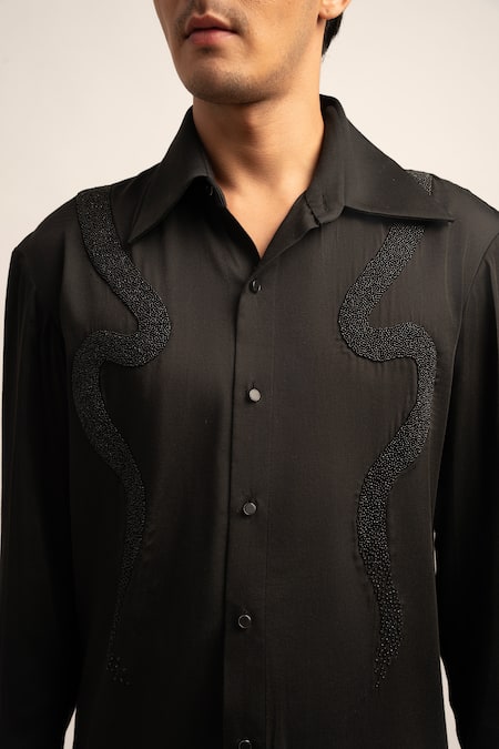 Shop Siddhant Agrawal Black Viscose Beads The Onyx Astrum Embellished Shirt Online at Aza Fashions Shop_Siddhant Agrawal_Black Viscose Beads The Onyx Astrum Embellished Shirt _Online_at_Aza_Fashions