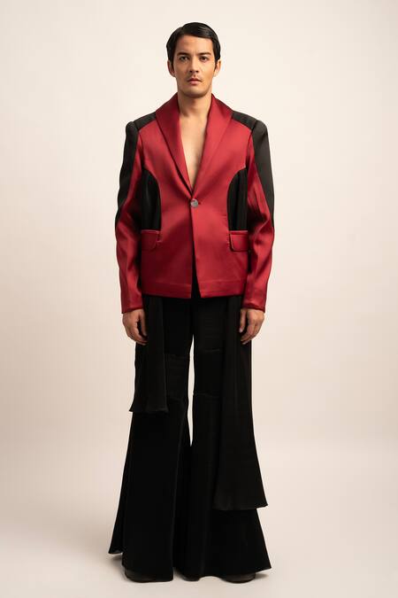 Siddhant Agrawal_Maroon Lycra, Satin, Organza Embroidery The Futurist Monarch Pleated Blazer _Online_at_Aza_Fashions