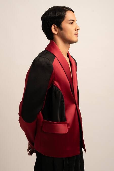 Siddhant Agrawal_Maroon Lycra, Satin, Organza Embroidery The Futurist Monarch Pleated Blazer _at_Aza_Fashions