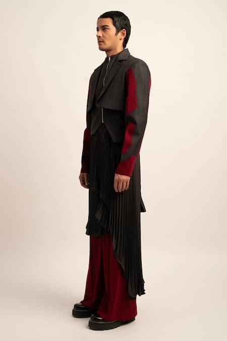 Buy_Siddhant Agrawal_Maroon Tulle, Polyester, Seraphic Symphony Patchwork Blazer Wide Leg Trouser Set _Online_at_Aza_Fashions