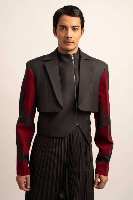 Siddhant Agrawal_Maroon Tulle, Polyester, Seraphic Symphony Patchwork Blazer Wide Leg Trouser Set _at_Aza_Fashions