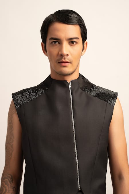 Siddhant Agrawal_Grey Satin, Polyester Crystals Seraphic Symphony Sleeveless Embellished Jacket _Online_at_Aza_Fashions