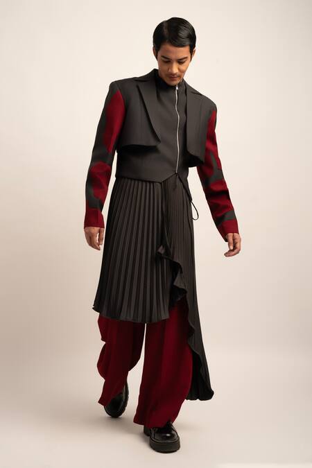 Siddhant Agrawal Label Maroon Tulle Crepe India Pleated Seraphic Symphony Trouser And Skirt Set 