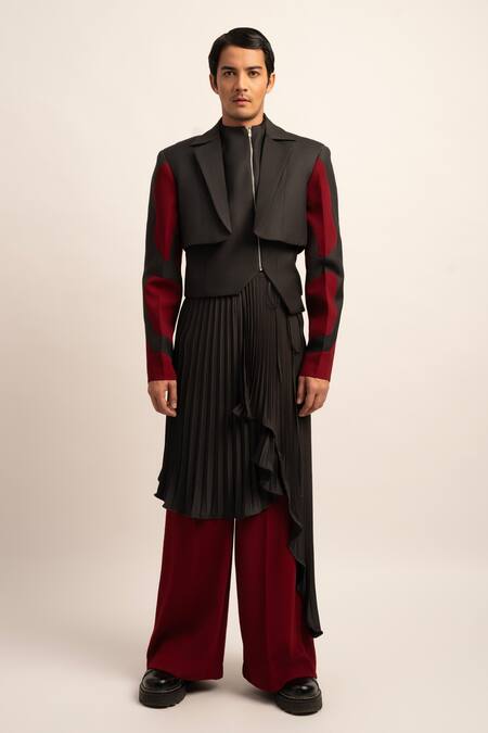 Siddhant Agrawal_Maroon Tulle, Crepe Seraphic Symphony Trouser And Pleated Skirt Set _Online_at_Aza_Fashions
