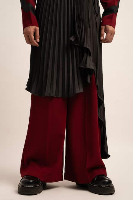 Siddhant Agrawal_Maroon Tulle, Crepe Seraphic Symphony Trouser And Pleated Skirt Set _at_Aza_Fashions