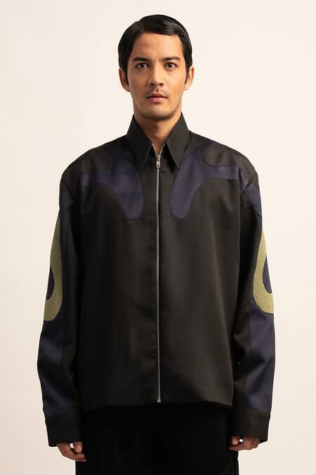 Siddhant Agrawal Black Viscose, Satin, Polyester Embroidery Flux Spectrum Zipper Jacket Online at Aza Fashions Siddhant Agrawal_Black Viscose, Satin, Polyester Embroidery Flux Spectrum Zipper Jacket _Online_at_Aza_Fashions