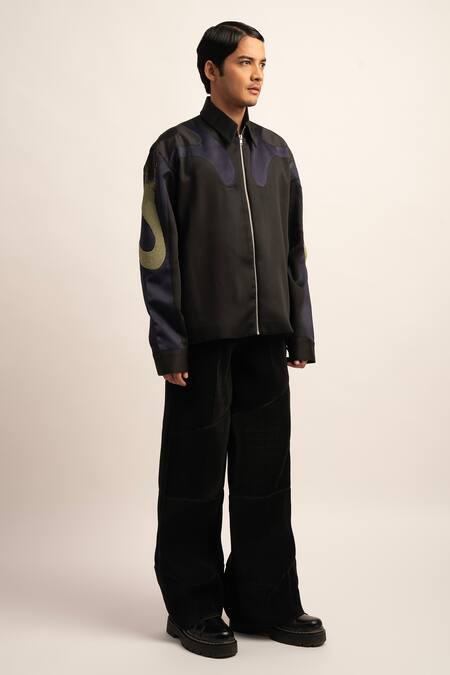 Shop Siddhant Agrawal Black Viscose, Satin, Polyester Embroidery Flux Spectrum Zipper Jacket Online at Aza Fashions Shop_Siddhant Agrawal_Black Viscose, Satin, Polyester Embroidery Flux Spectrum Zipper Jacket _Online_at_Aza_Fashions