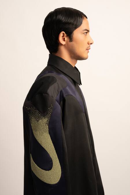 Siddhant Agrawal Black Viscose, Satin, Polyester Embroidery Flux Spectrum Zipper Jacket at Aza Fashions Siddhant Agrawal_Black Viscose, Satin, Polyester Embroidery Flux Spectrum Zipper Jacket _at_Aza_Fashions