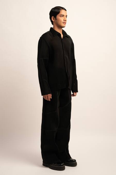 Shop Siddhant Agrawal Black Organza, Polyester Timeless Chaos Micro Pleated Trouser Online at Aza Fashions Shop_Siddhant Agrawal_Black Organza, Polyester Timeless Chaos Micro Pleated Trouser _Online_at_Aza_Fashions