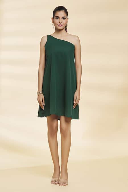 Samyukta Singhania Green Chiffon Asymmetric Tiana Hem Solid Dress Online at Aza Fashions Samyukta Singhania_Green Chiffon Asymmetric Tiana Hem Solid Dress _Online_at_Aza_Fashions