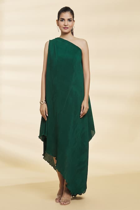 Buy Samyukta Singhania Green Chiffon Asymmetric Tiana Hem Solid Dress Online at Aza Fashions Buy_Samyukta Singhania_Green Chiffon Asymmetric Tiana Hem Solid Dress _Online_at_Aza_Fashions