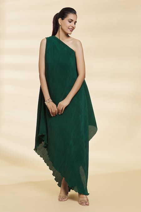 Shop Samyukta Singhania Green Chiffon Asymmetric Tiana Hem Solid Dress Online at Aza Fashions Shop_Samyukta Singhania_Green Chiffon Asymmetric Tiana Hem Solid Dress _Online_at_Aza_Fashions