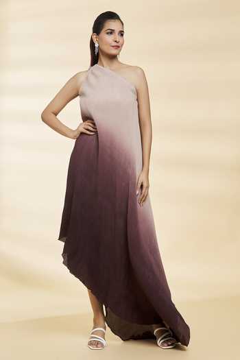 Buy Brown Chinon Plain Asymmetric Neck Tiana Ombre Hem Dress For Women by  Naintara Bajaj Online at Aza Fashions.