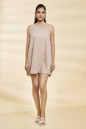 Buy Brown Chinon Plain Asymmetric Neck Tiana Ombre Hem Dress For Women by  Naintara Bajaj Online at Aza Fashions.