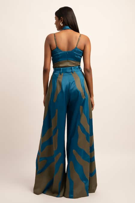 Shop Siddhant Agrawal Blue Viscose, Satin Embroidery Serene Chaos Patchwork Trouser at Aza Fashions Shop_Siddhant Agrawal_Blue Viscose, Satin Embroidery Serene Chaos Patchwork Trouser _at_Aza_Fashions