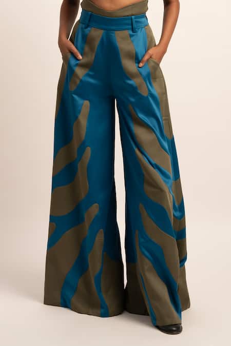 Siddhant Agrawal Blue Viscose, Satin Embroidery Serene Chaos Patchwork Trouser Online at Aza Fashions Siddhant Agrawal_Blue Viscose, Satin Embroidery Serene Chaos Patchwork Trouser _Online_at_Aza_Fashions