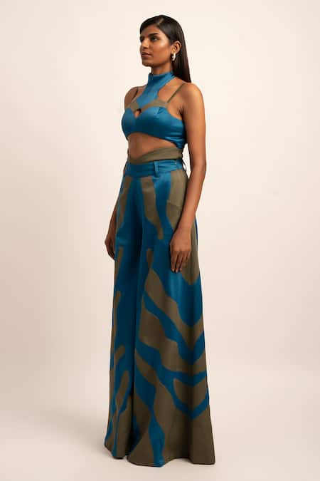 Buy Siddhant Agrawal Blue Viscose, Satin Embroidery Serene Chaos Patchwork Trouser Online at Aza Fashions Buy_Siddhant Agrawal_Blue Viscose, Satin Embroidery Serene Chaos Patchwork Trouser _Online_at_Aza_Fashions