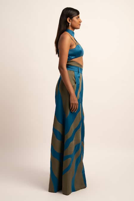 Shop Siddhant Agrawal Blue Viscose, Satin Embroidery Serene Chaos Patchwork Trouser Online at Aza Fashions Shop_Siddhant Agrawal_Blue Viscose, Satin Embroidery Serene Chaos Patchwork Trouser _Online_at_Aza_Fashions