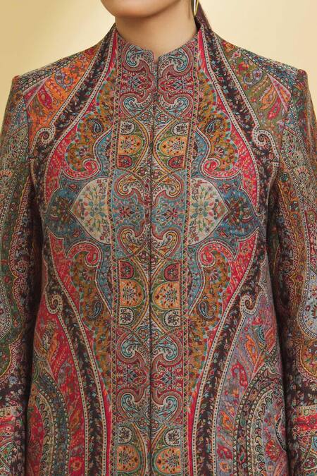 Samyukta Singhania_Multi Color Cotton Blend Woven Mughal Paisley Pattern Round Jamawar Jacket_at_Aza_Fashions