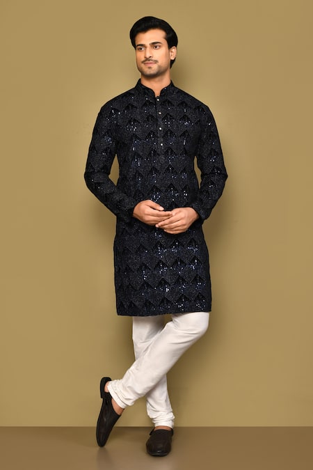 Arihant Rai Sinha Blue Velvet Embroidery Sequin Rolling Box Kurta 