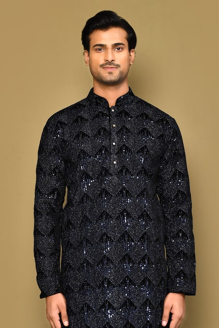 Arihant Rai Sinha_Blue Velvet Sequins, Embroidery Rolling Box Kurta _Online_at_Aza_Fashions