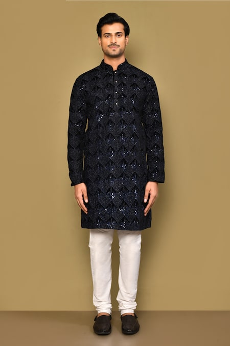 Buy_Arihant Rai Sinha_Blue Velvet Sequins, Embroidery Rolling Box Kurta _Online_at_Aza_Fashions