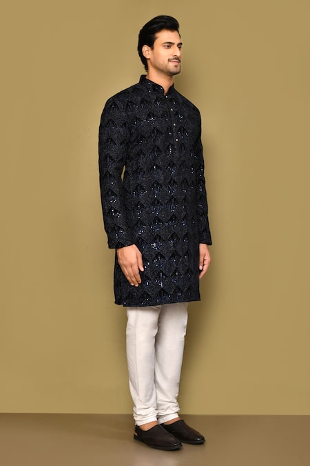 Arihant Rai Sinha_Blue Velvet Sequins, Embroidery Rolling Box Kurta _at_Aza_Fashions