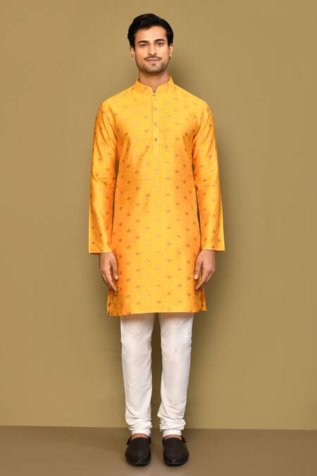 Arihant Rai Sinha_Yellow Jacquard Embroidery Geometric Motif Woven Kurta _Online_at_Aza_Fashions